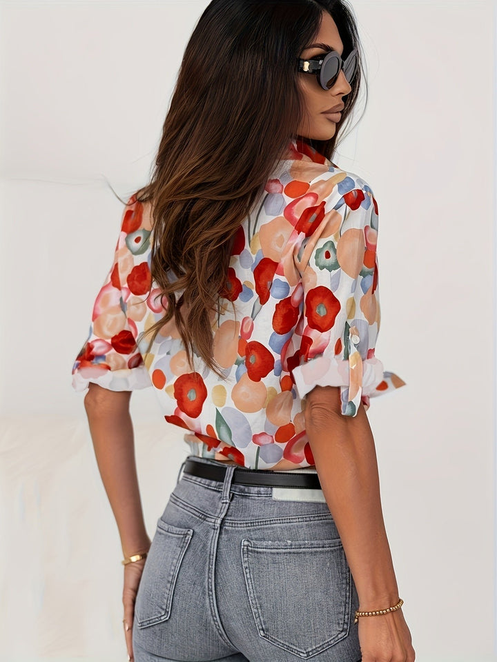 Bluse Damen Langarm Blumenmuster Knopfleiste Hemdkragen