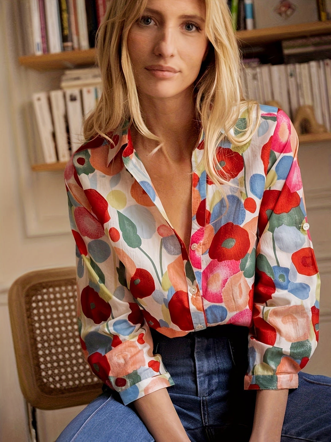 Bluse Damen Langarm Blumenmuster Knopfleiste Hemdkragen