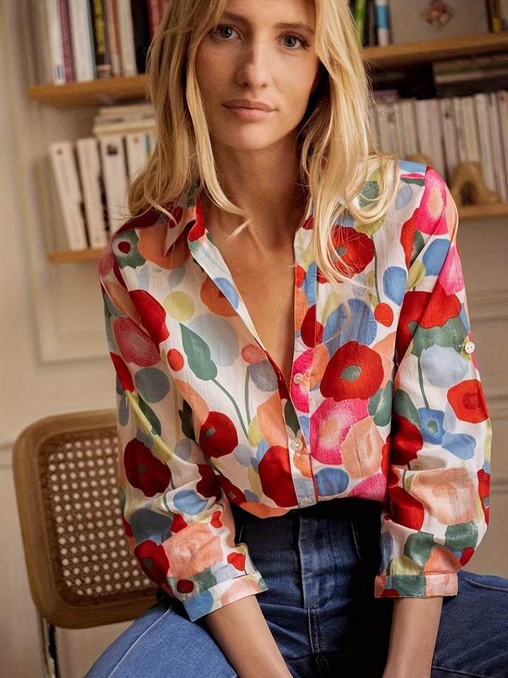 Bluse Damen Langarm Blumenmuster Knopfleiste Hemdkragen