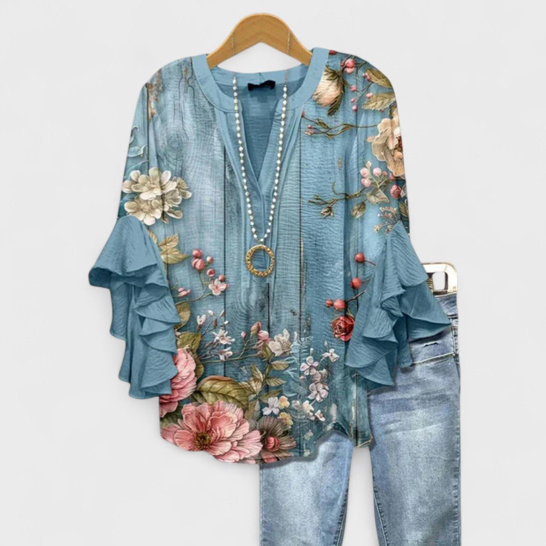 Bluse Rüschenärmel Blumenmuster V-Ausschnitt Elegant - Blue Floral