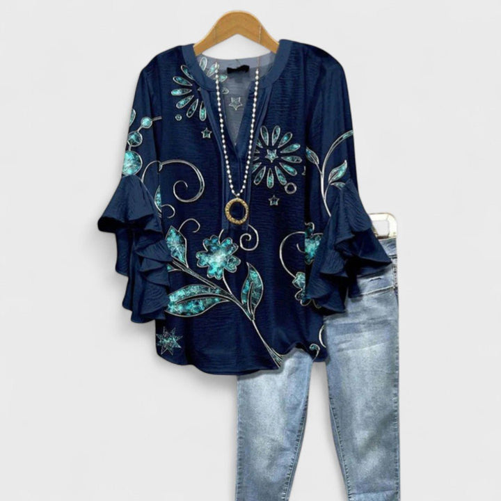 Bluse Rüschenärmel Blumenmuster V-Ausschnitt Elegant - Dark Blue