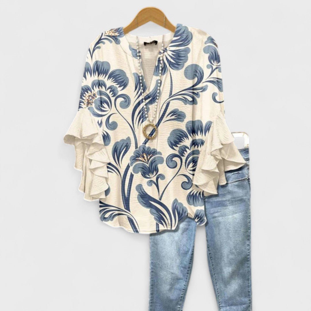 Bluse Rüschenärmel Blumenmuster V-Ausschnitt Elegant - White Blue