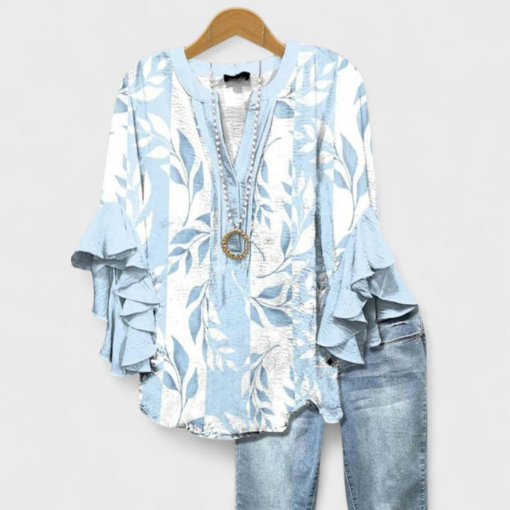 Bluse Rüschenärmel Blumenmuster V-Ausschnitt Elegant - Light Blue