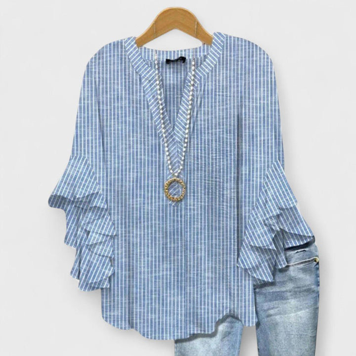 Bluse Rüschenärmel Blumenmuster V-Ausschnitt Elegant - Blue