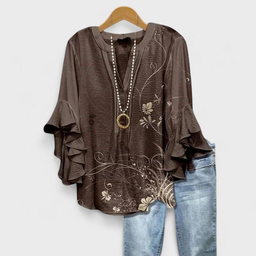 Bluse Rüschenärmel Blumenmuster V-Ausschnitt Elegant - Brown