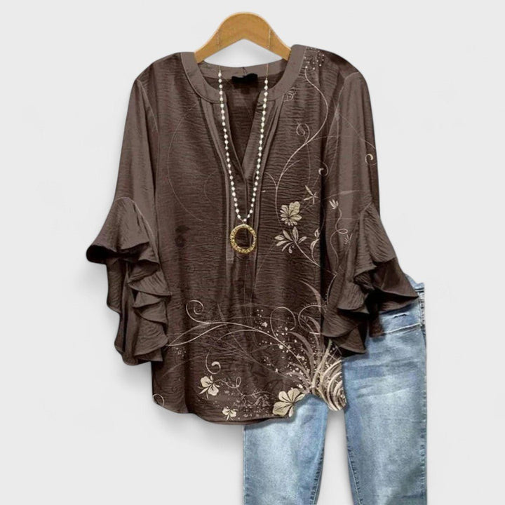 Bluse Rüschenärmel Blumenmuster V-Ausschnitt Elegant - Brown