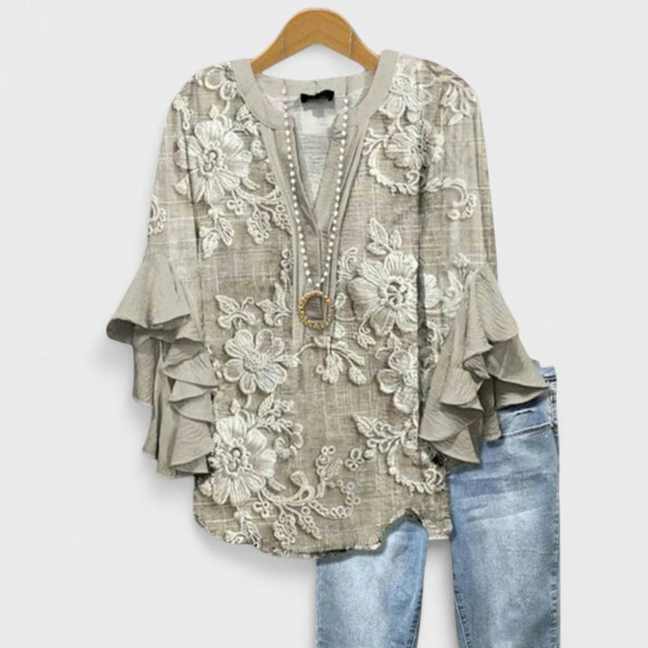 Bluse Rüschenärmel Blumenmuster V-Ausschnitt Elegant - Light Brown