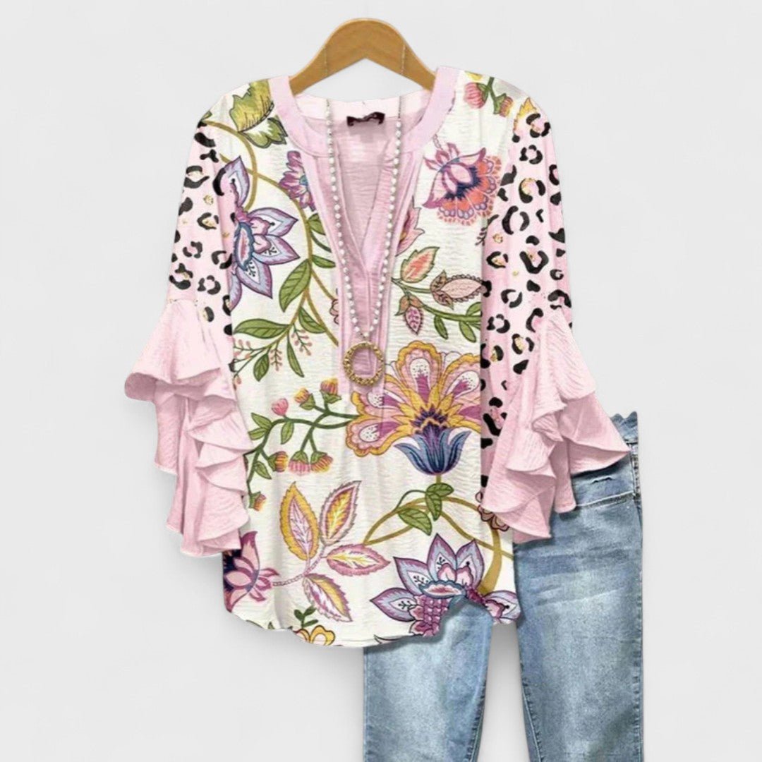 Bluse Rüschenärmel Blumenmuster V-Ausschnitt Elegant - Pink