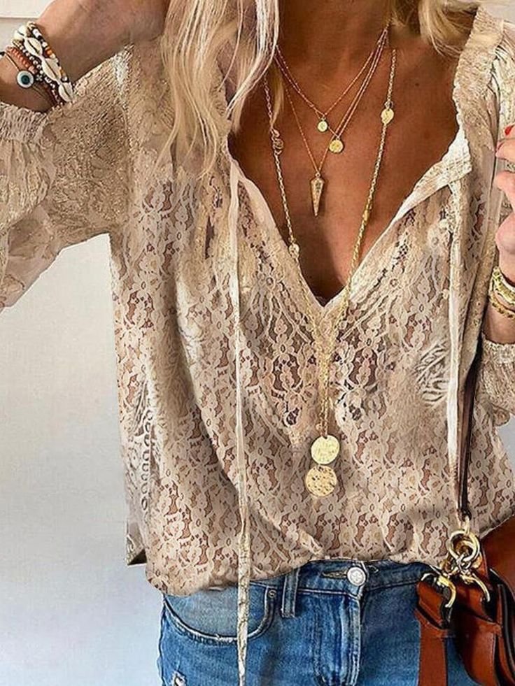 Boho Bluse Spitze V-Ausschnitt Langarm Elegant - Khaki