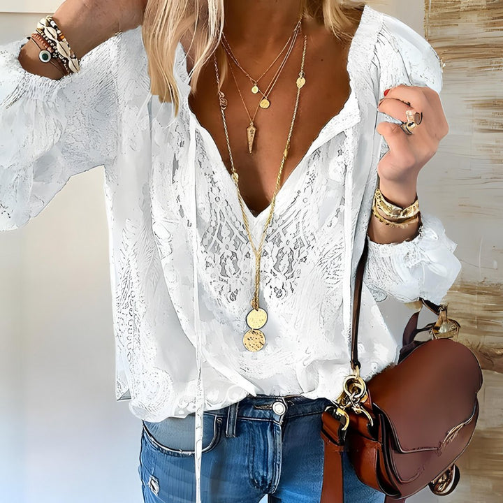 Boho Bluse Spitze V-Ausschnitt Langarm Elegant - White