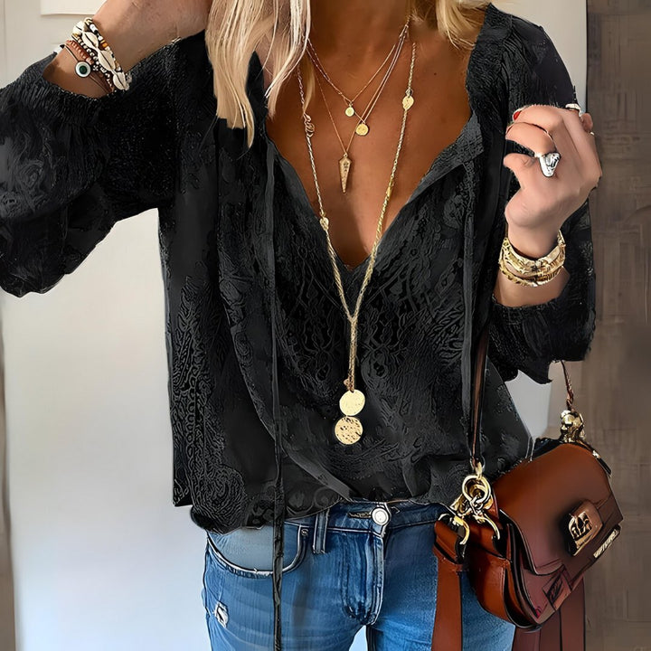 Boho Bluse Spitze V-Ausschnitt Langarm Elegant - Nero