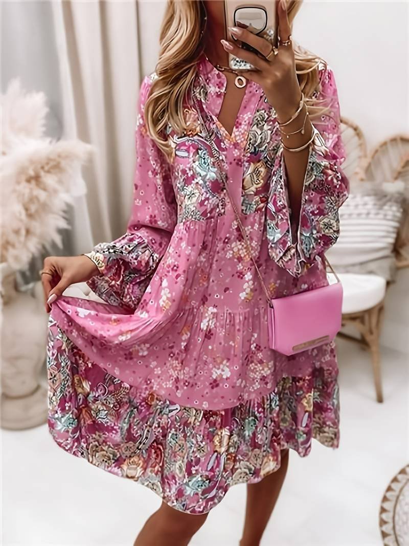 Boho Kleid Blumendruck Langarm V-Ausschnitt Midi - Pink