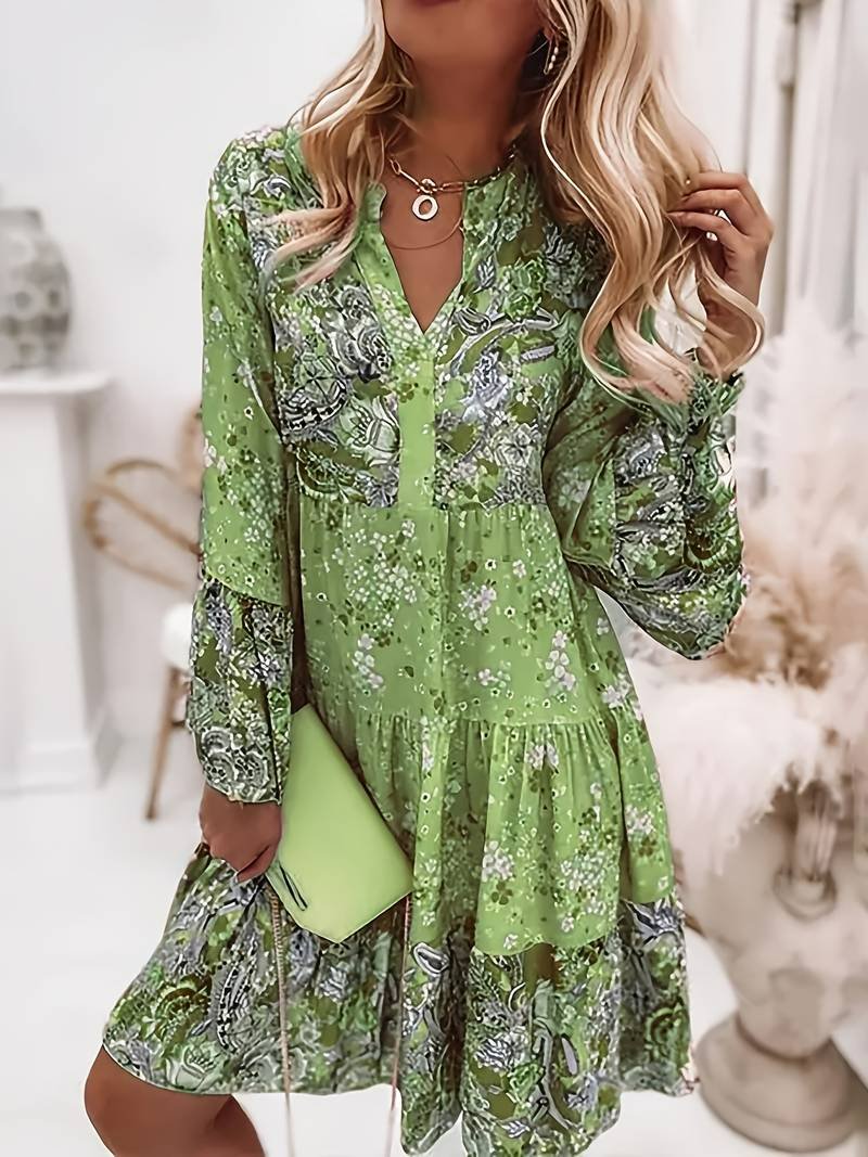 Boho Kleid Blumendruck Langarm V-Ausschnitt Midi - Green