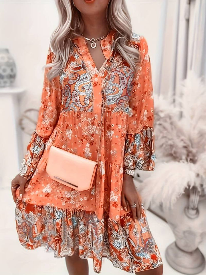 Boho Kleid Blumendruck Langarm V-Ausschnitt Midi - Orange