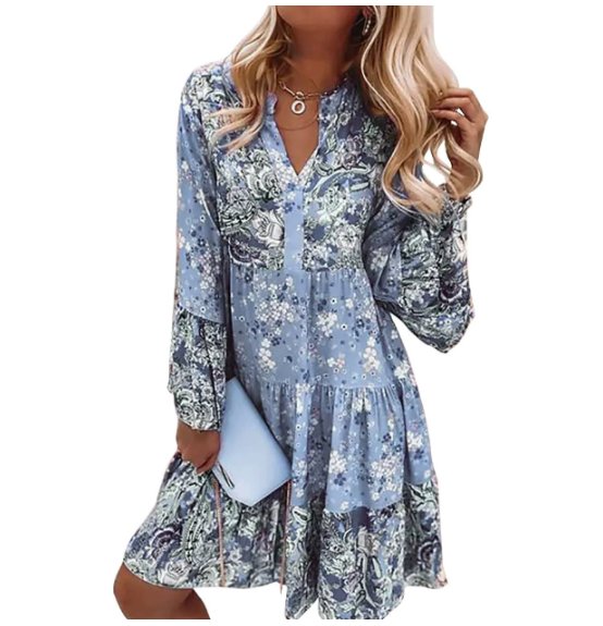 Boho Kleid Blumendruck Langarm V-Ausschnitt Midi - Blue