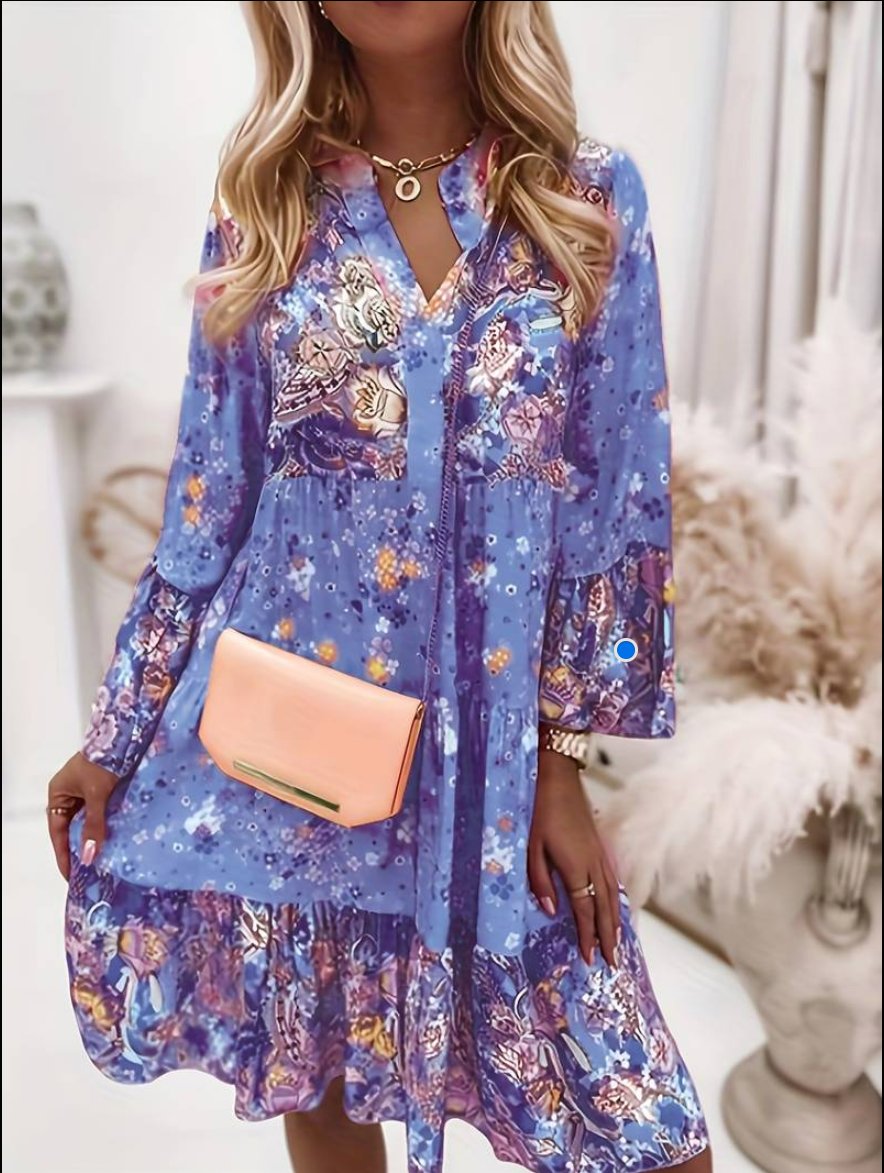 Boho Kleid Blumendruck Langarm V-Ausschnitt Midi