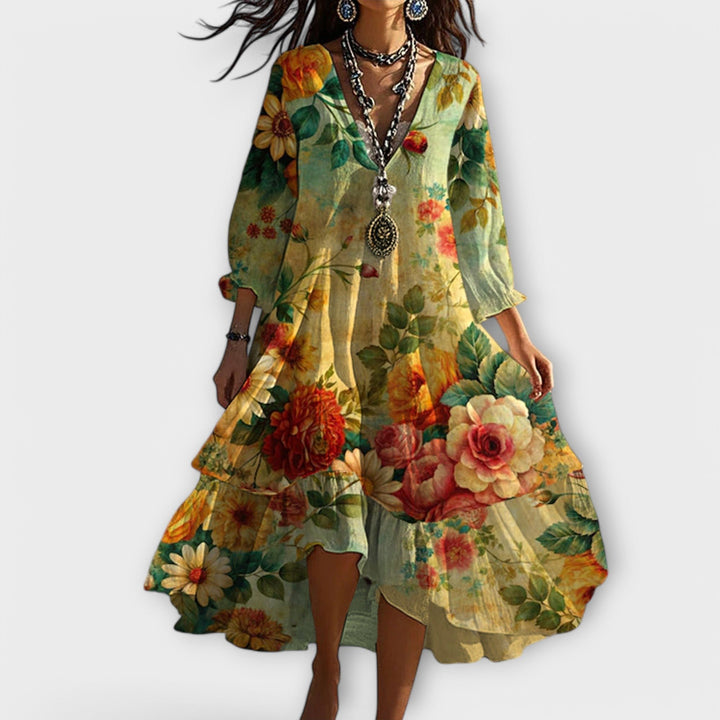 Boho Kleid Midi Blumenmuster V-Ausschnitt 3/4 Ärmel - Yellow
