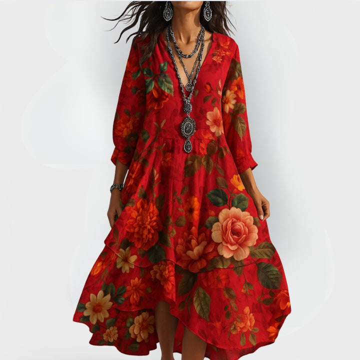 Boho Kleid Midi Blumenmuster V-Ausschnitt 3/4 Ärmel - Red