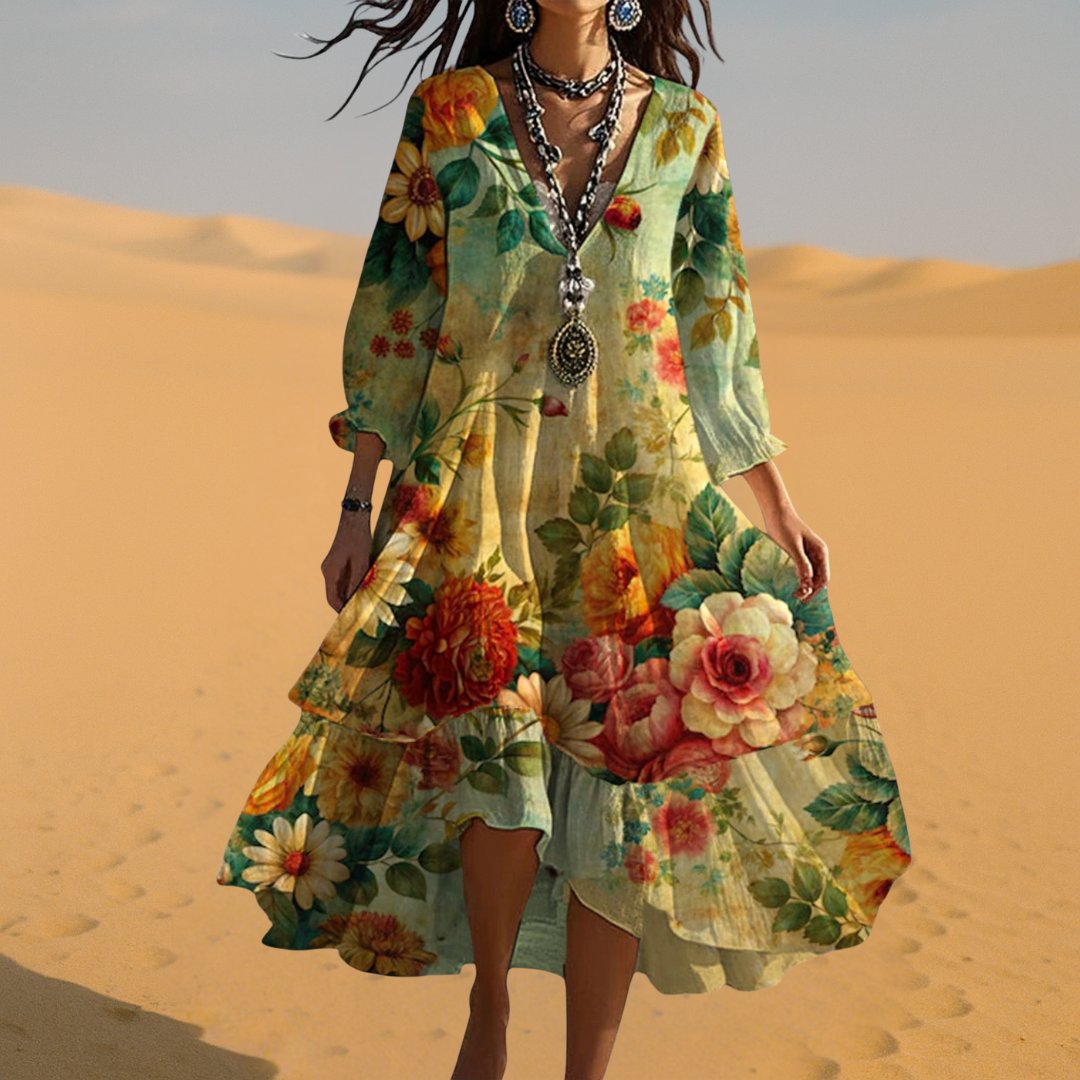 Boho Kleid Midi Blumenmuster V-Ausschnitt 3/4 Ärmel
