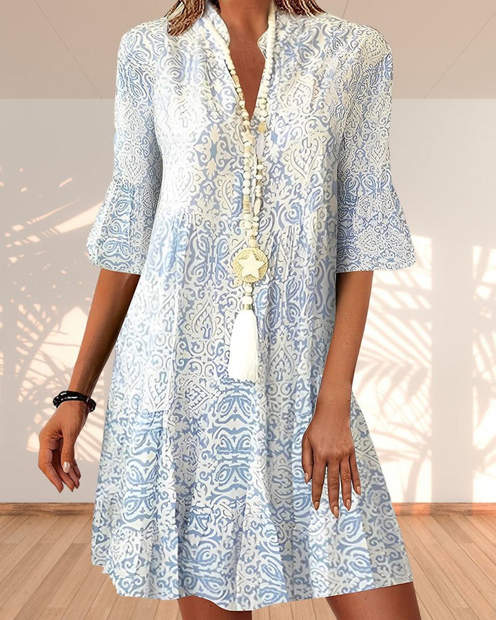Boho-Kleid V-Ausschnitt 3/4 Ärmel A-Linie Swing-Silhouette - Blue