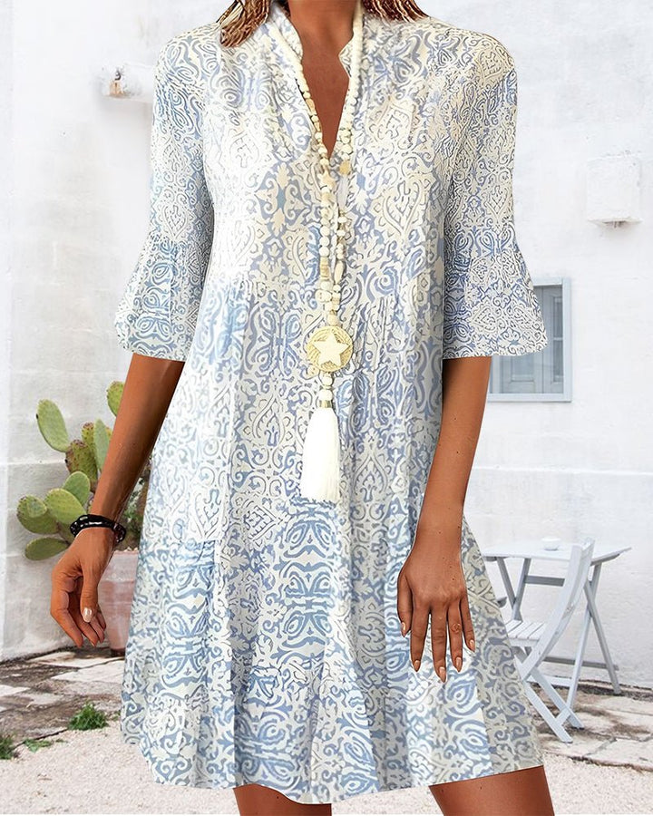 Boho-Kleid V-Ausschnitt 3/4 Ärmel A-Linie Swing-Silhouette