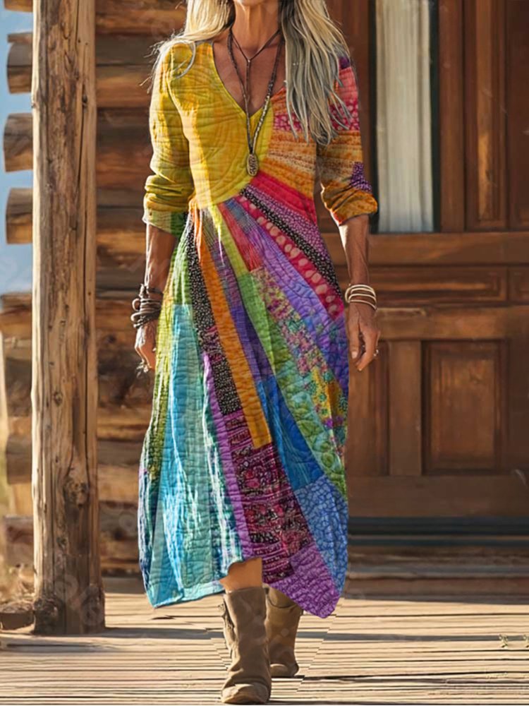 Boho Maxi Kleid V-Ausschnitt Langarm Regenbogen Print