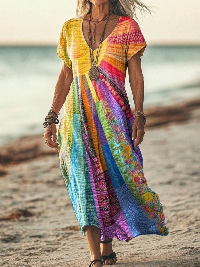 Boho Maxi Kleid V-Ausschnitt Langarm Regenbogen Print