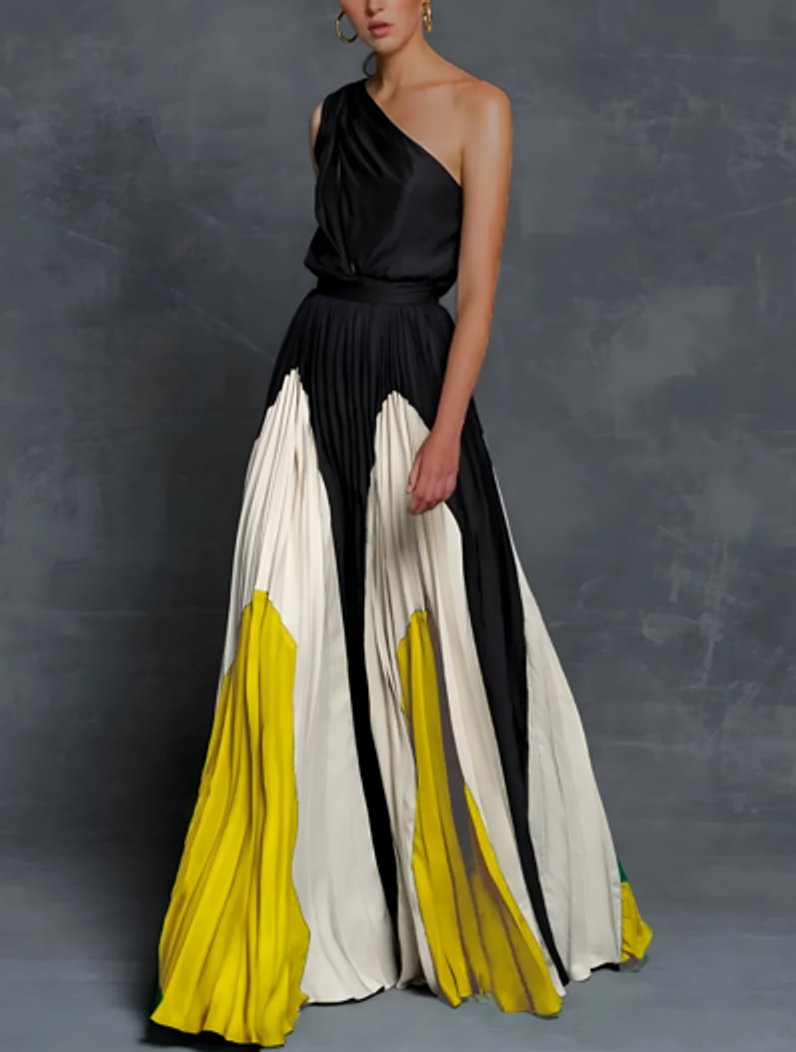 Brautmutter Kleid elegantes One-Shoulder Plissee Maxi-Abendkleid - Sonnengelb Monochrome Eleganz