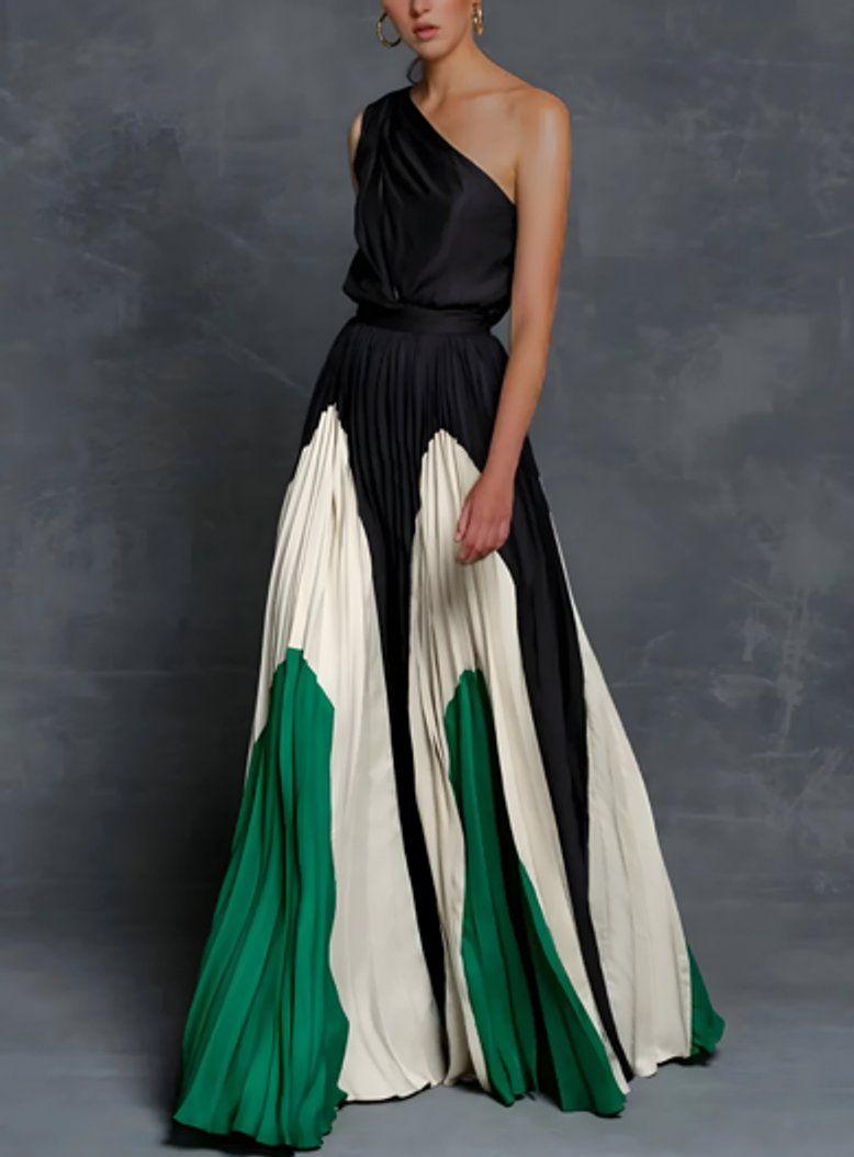 Brautmutter Kleid elegantes One-Shoulder Plissee Maxi-Abendkleid - Smaragd Monochrome Eleganz