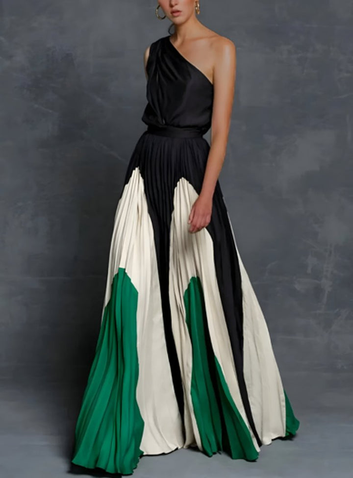 Brautmutter Kleid elegantes One-Shoulder Plissee Maxi-Abendkleid - Smaragd Monochrome Eleganz