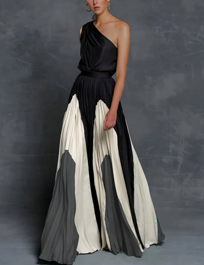Brautmutter Kleid elegantes One-Shoulder Plissee Maxi-Abendkleid - Monochrome Wellen-Eleganz