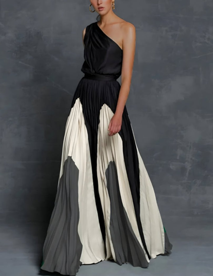 Brautmutter Kleid elegantes One-Shoulder Plissee Maxi-Abendkleid - Monochrome Wellen-Eleganz