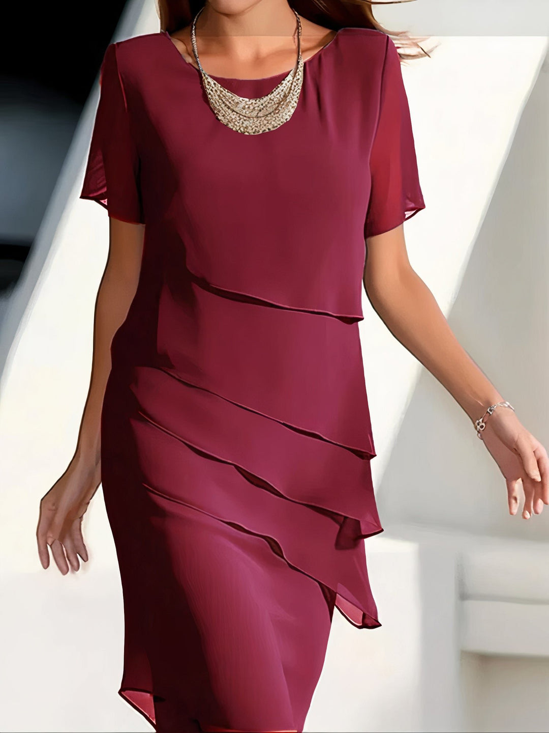Chiffon Kleid Gestuft Elegant Kurzarm Polyester - Red