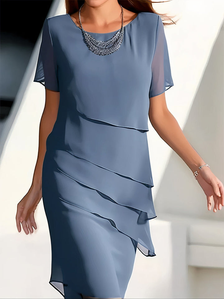 Chiffon Kleid Gestuft Elegant Kurzarm Polyester - Blue