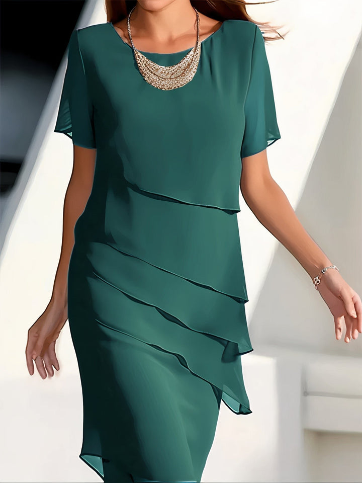 Chiffon Kleid Gestuft Elegant Kurzarm Polyester - Green
