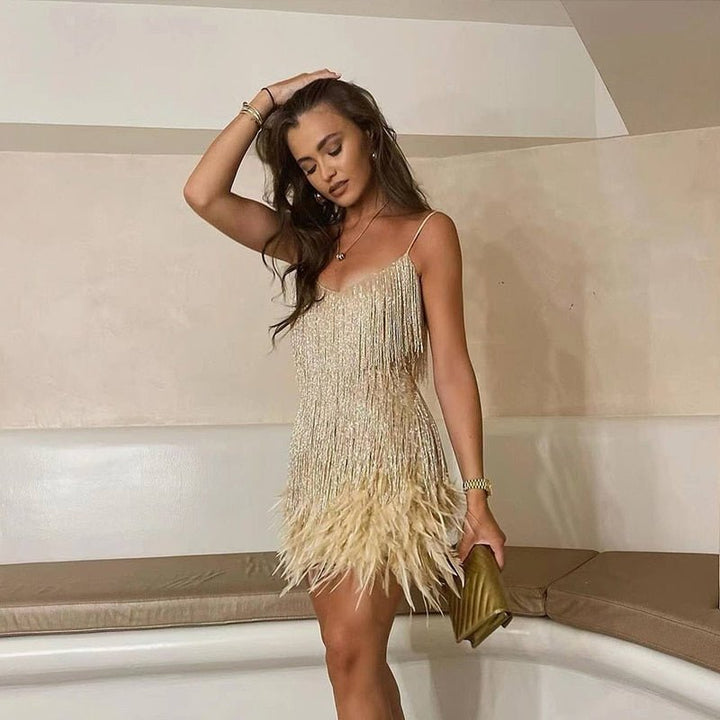 Cocktailkleid Mini Pailletten Träger Bodycon - Beige
