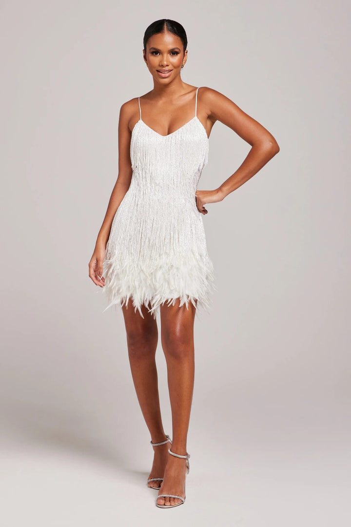 Cocktailkleid mit Fransen und Federn Trägerkleid V-Ausschnitt - White