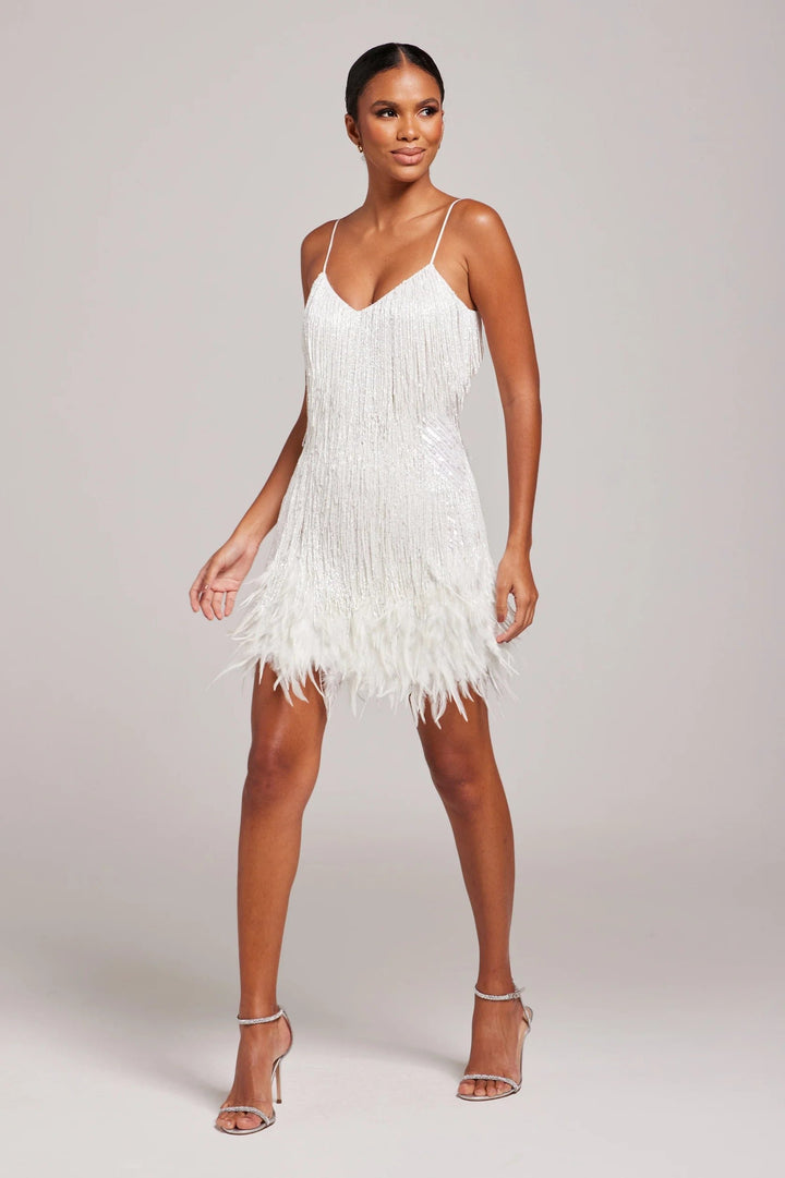 Cocktailkleid mit Fransen und Federn Trägerkleid V-Ausschnitt