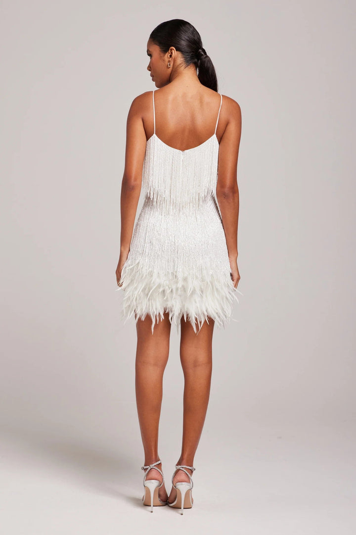 Cocktailkleid mit Fransen und Federn Trägerkleid V-Ausschnitt