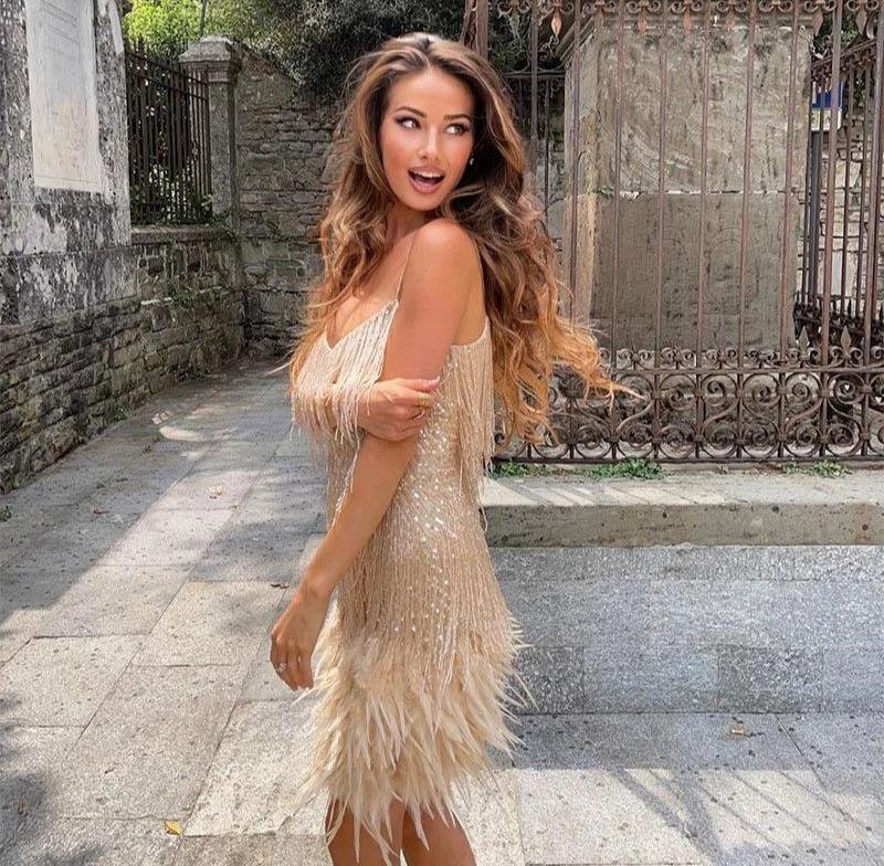 Cocktailkleid mit Fransen und Federn Trägerkleid V-Ausschnitt