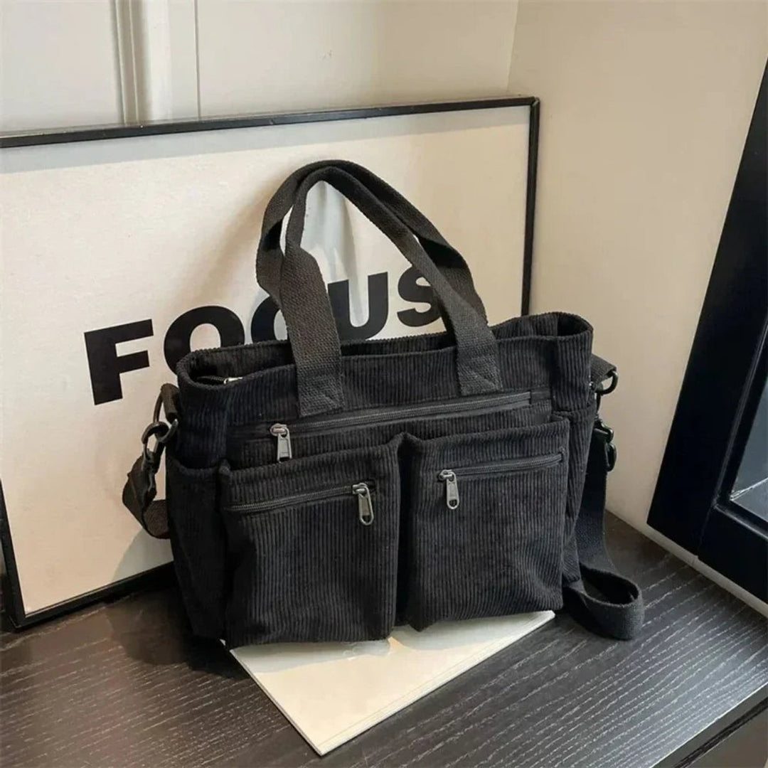 Cord Tote bag Damen Umhängetasche mit Mehreren Reißverschlusstaschen - Schwarz