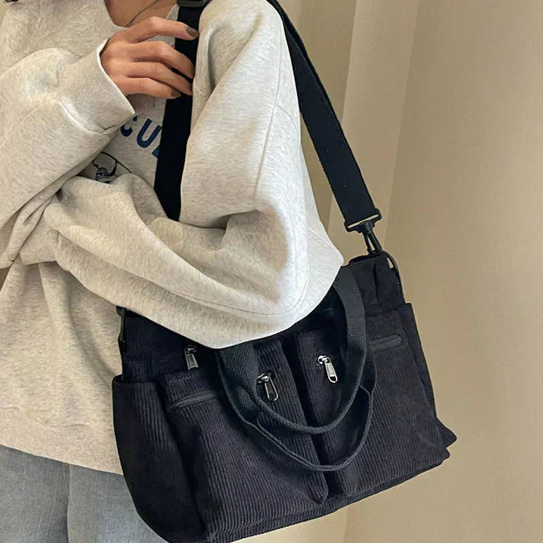 Cord Tote bag Damen Umhängetasche mit Mehreren Reißverschlusstaschen
