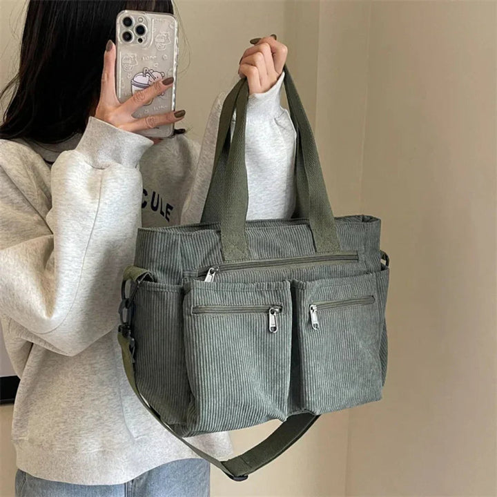Cord Tote bag Damen Umhängetasche mit Mehreren Reißverschlusstaschen