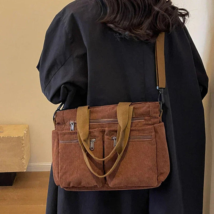 Cord Tote bag Damen Umhängetasche mit Mehreren Reißverschlusstaschen