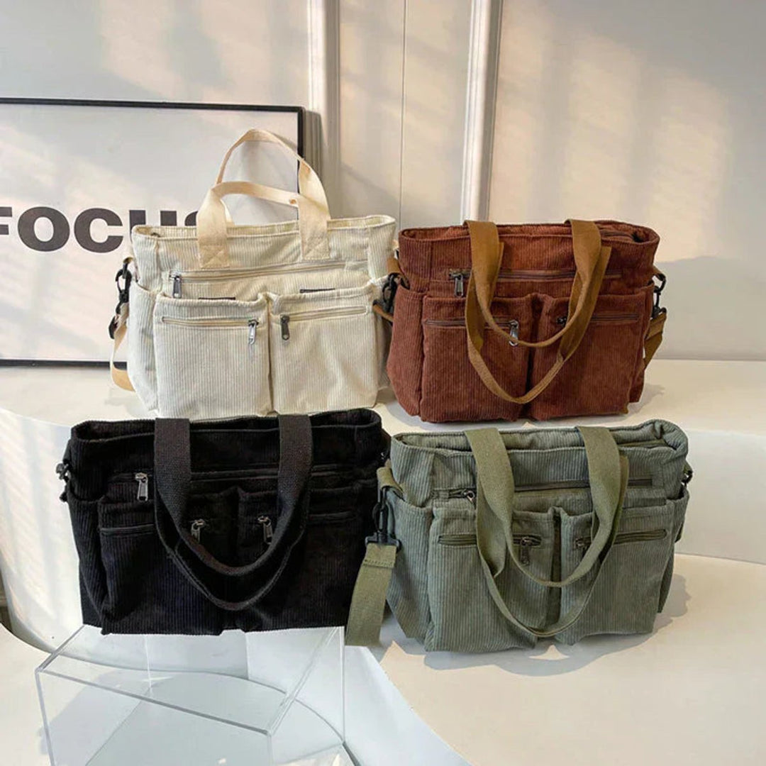 Cord Tote bag Damen Umhängetasche mit Mehreren Reißverschlusstaschen