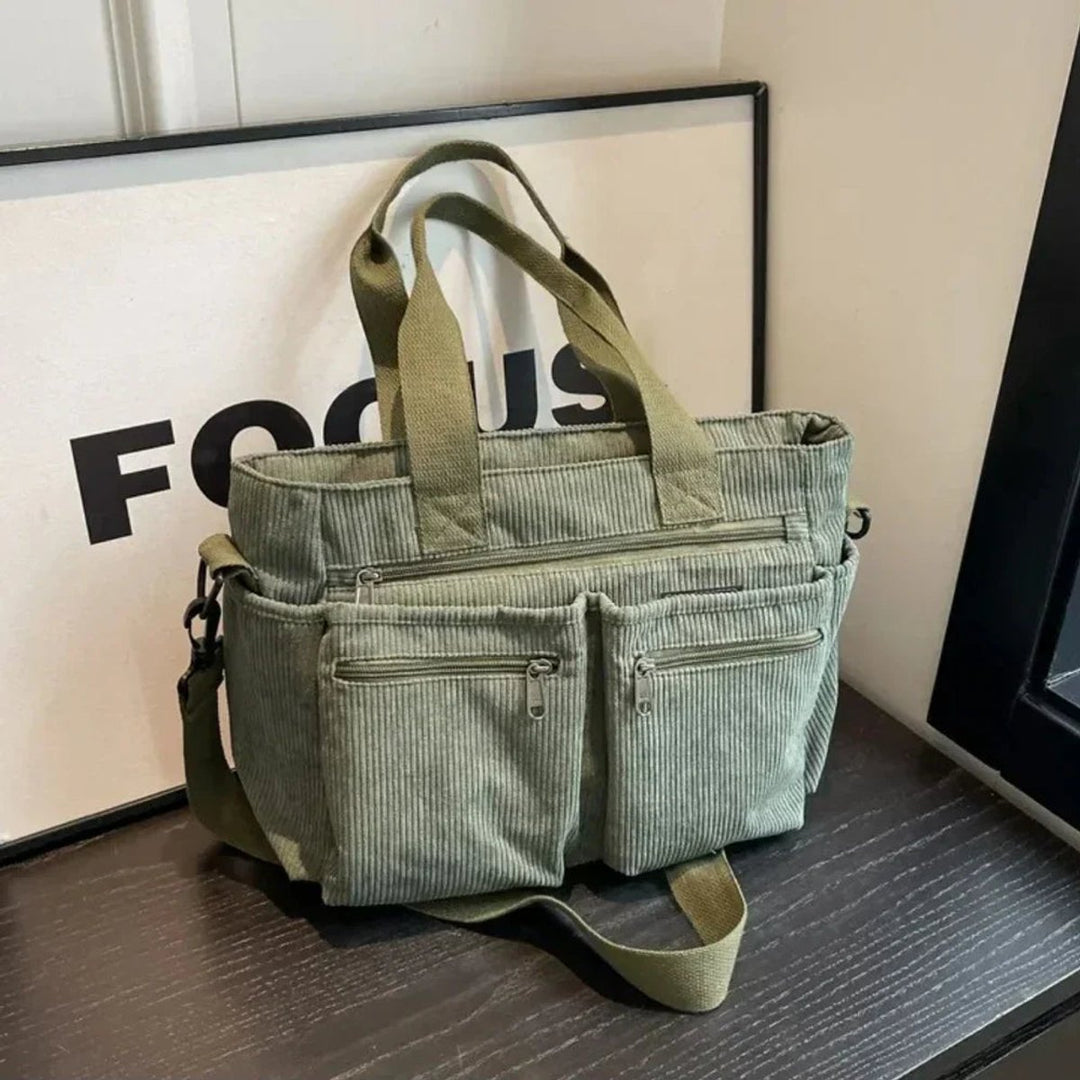 Cord Tote bag Damen Umhängetasche mit Mehreren Reißverschlusstaschen - Grün