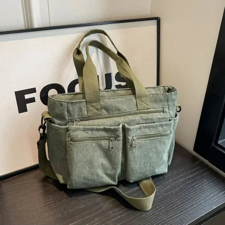 Cord Tote bag Damen Umhängetasche mit Mehreren Reißverschlusstaschen - Grün