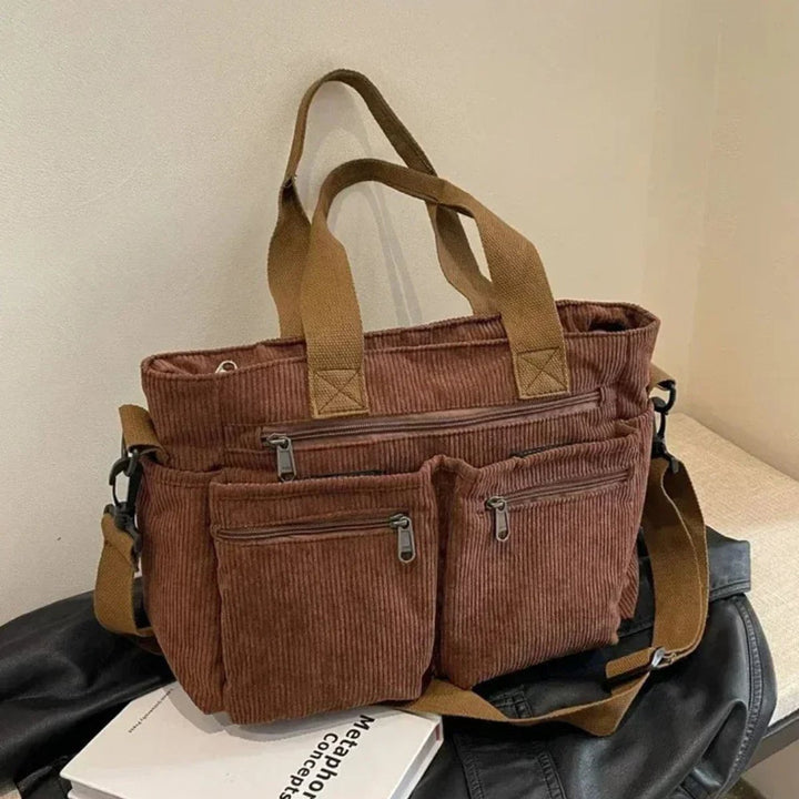 Cord Tote bag Damen Umhängetasche mit Mehreren Reißverschlusstaschen - Braun