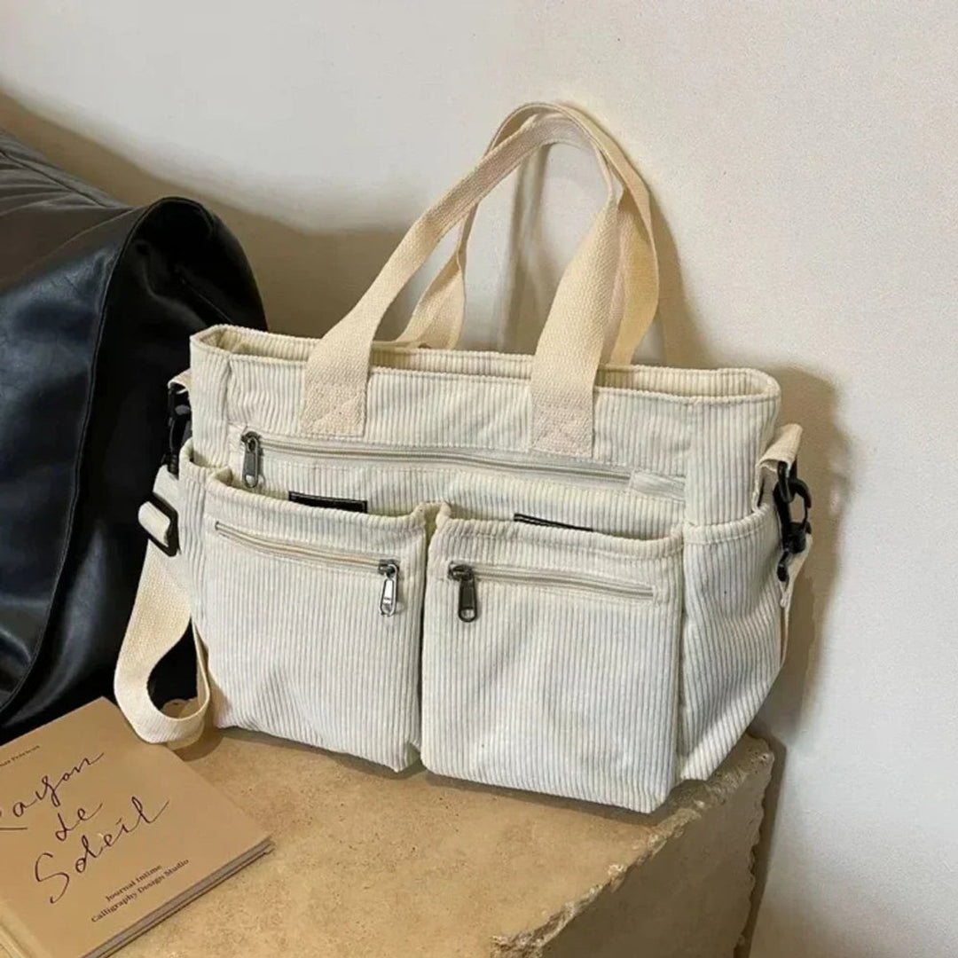 Cord Tote bag Damen Umhängetasche mit Mehreren Reißverschlusstaschen - Beige