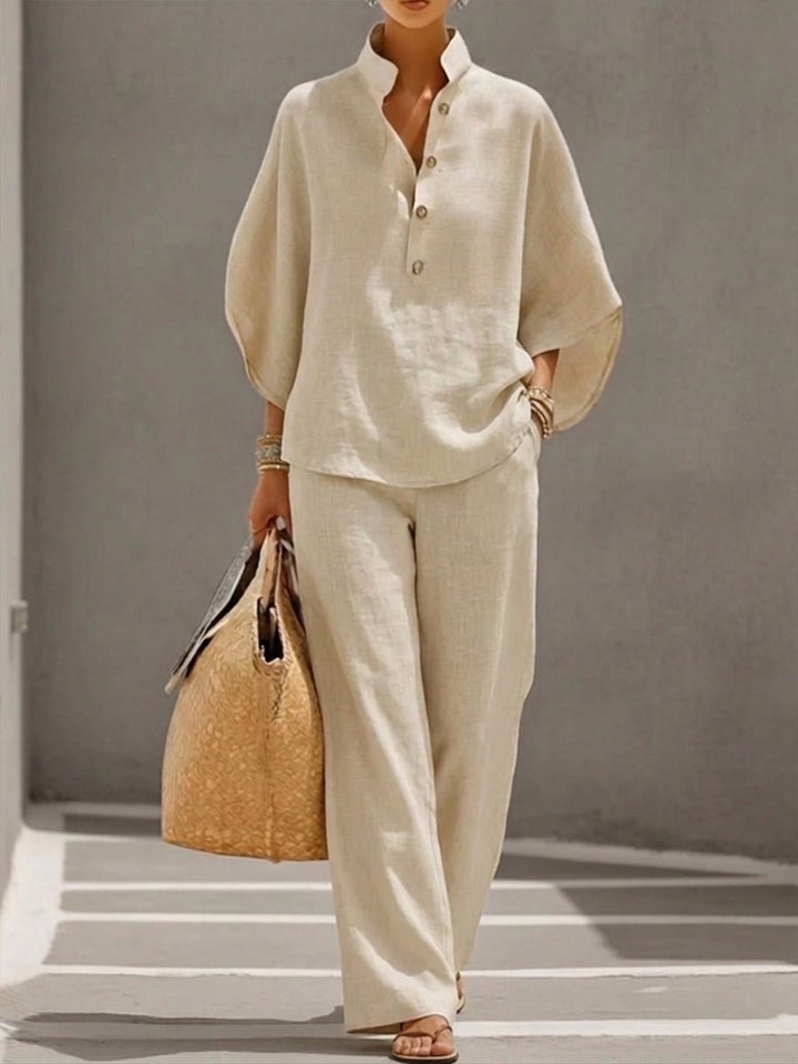 Damen 2-Teiler Set Fledermausärmel Top Weite Hose - Beige